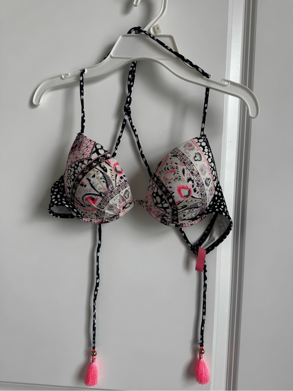 Victoria's Secret Pink and Black Paisley Halter Bikini Top with Tassels Size 34b